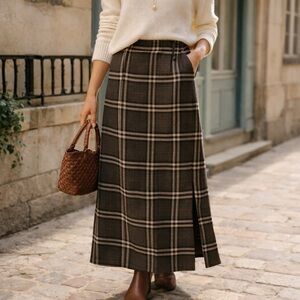 Vintage Wool-Blend Plaid Maxi Skirt | Brown Check | European Made